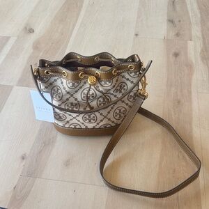 Tory Burch Brown & Beige Logo Drawstring Bucket Crossbody